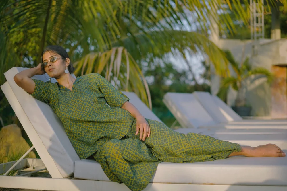 Green Handloom Kurta Pant with Criss-cross Ajrakh Hand-Block Prints-6.webp